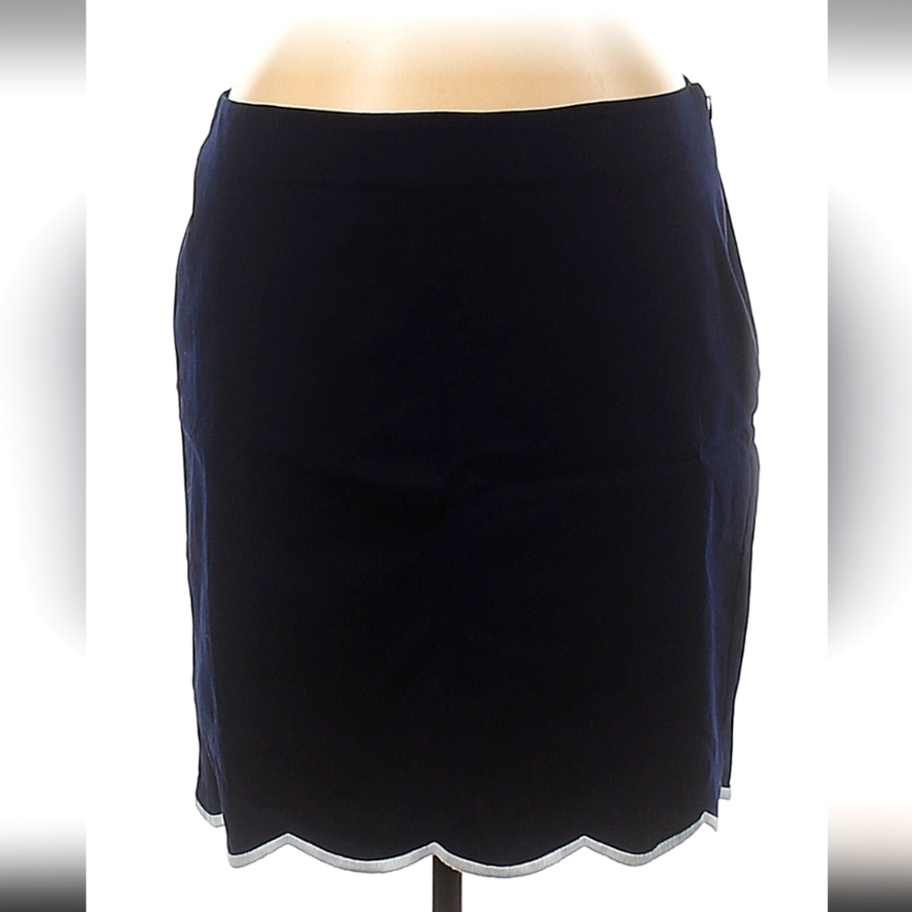 Talbots Skirt Embroidered Scalloped Hem Side Zipper Stretchy Knee Navy White